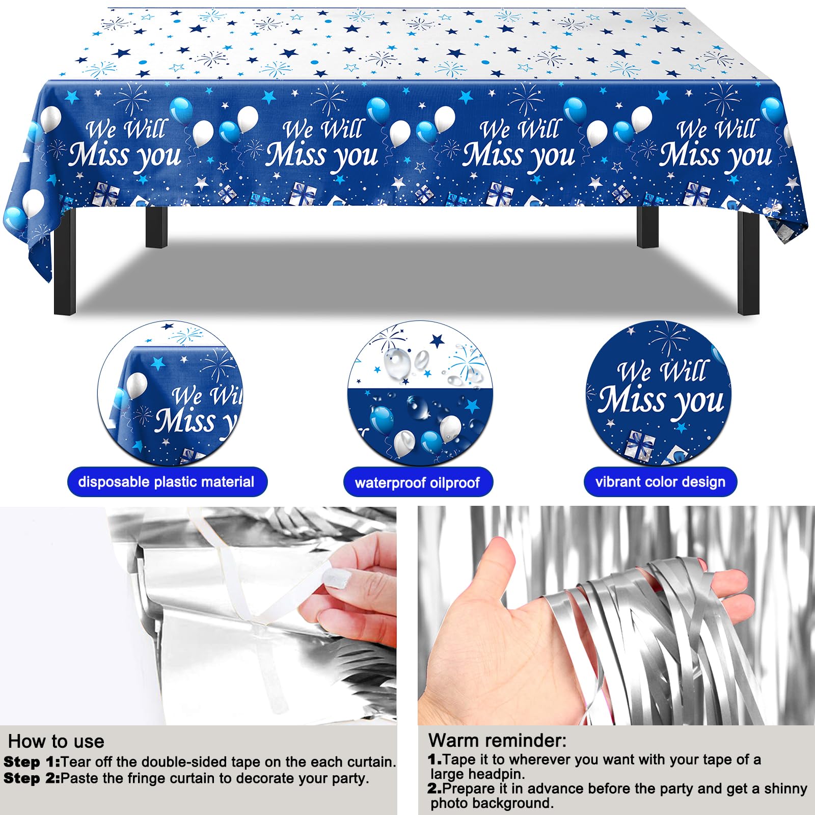 Farewell Party Decorations for Men Women,We Will Miss You Decorations Banner Navy Blue Silver Going Away Party Decorations Balloons Tablecloth for Coworker Retirement Job Change Goodbye Party Supplies