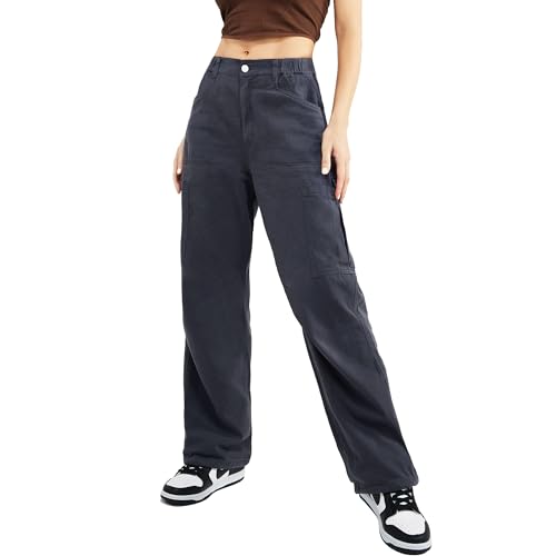 Znyeth Cargo Pants Women High Waist Baggy Jeans with 7 Pockets Casual Wide Leg Y19K Pants for Womens Work Pants Dark Gray 3XL