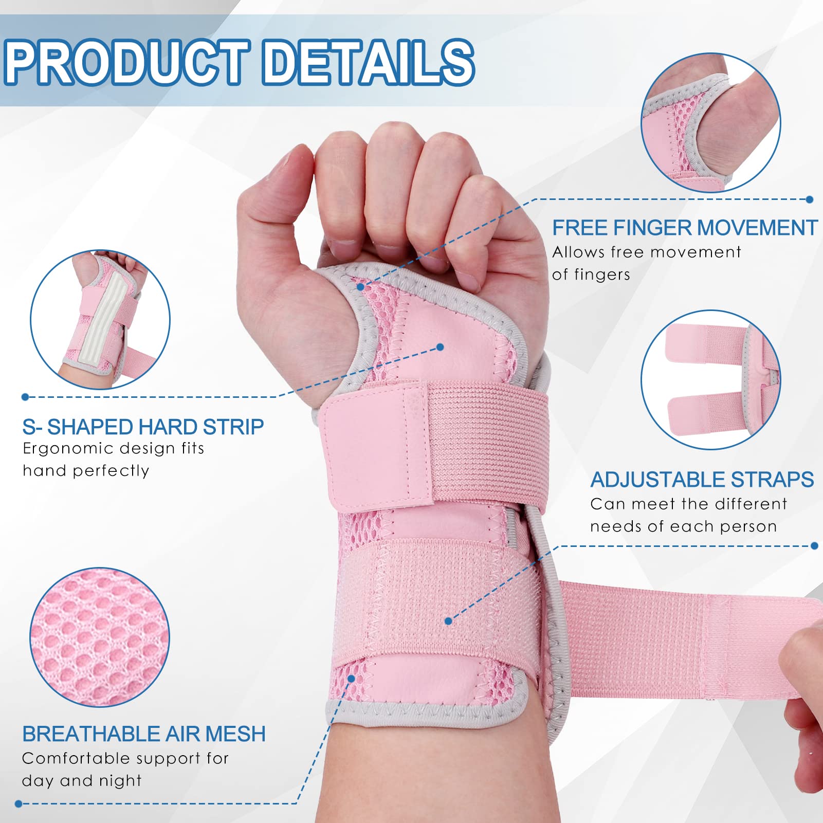 Wrist Brace for Carpal Tunnel, Night Wrist Sleep Support Splint with Compression Sleeve Adjustable Straps for Pain Relief, Arthritis, Tendonitis, Fitness (Right Hand-Pink, S/M (Pack of 1))