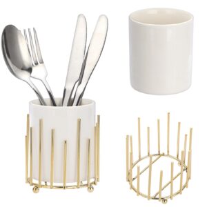 juxyes pack of 3 ceramic silverware holder for party, white cutlery holder holder with golden metal bracket, small flatware caddy organizer utensil holder for kitchen countertops dining tables
