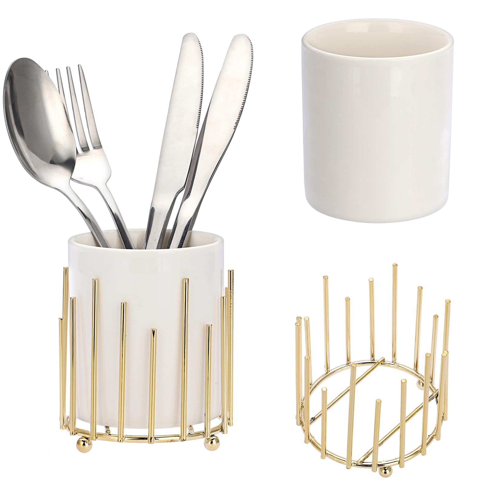 JUXYES Pack of 3 Ceramic Silverware Holder for Party, White Cutlery Holder Holder With Golden Metal Bracket, Small Flatware Caddy Organizer Utensil Holder for Kitchen Countertops Dining Tables