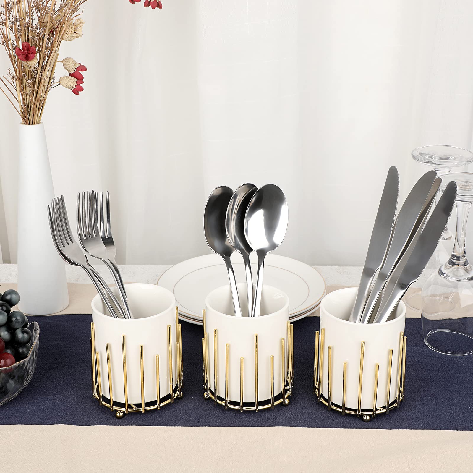 JUXYES Pack of 3 Ceramic Silverware Holder for Party, White Cutlery Holder Holder With Golden Metal Bracket, Small Flatware Caddy Organizer Utensil Holder for Kitchen Countertops Dining Tables