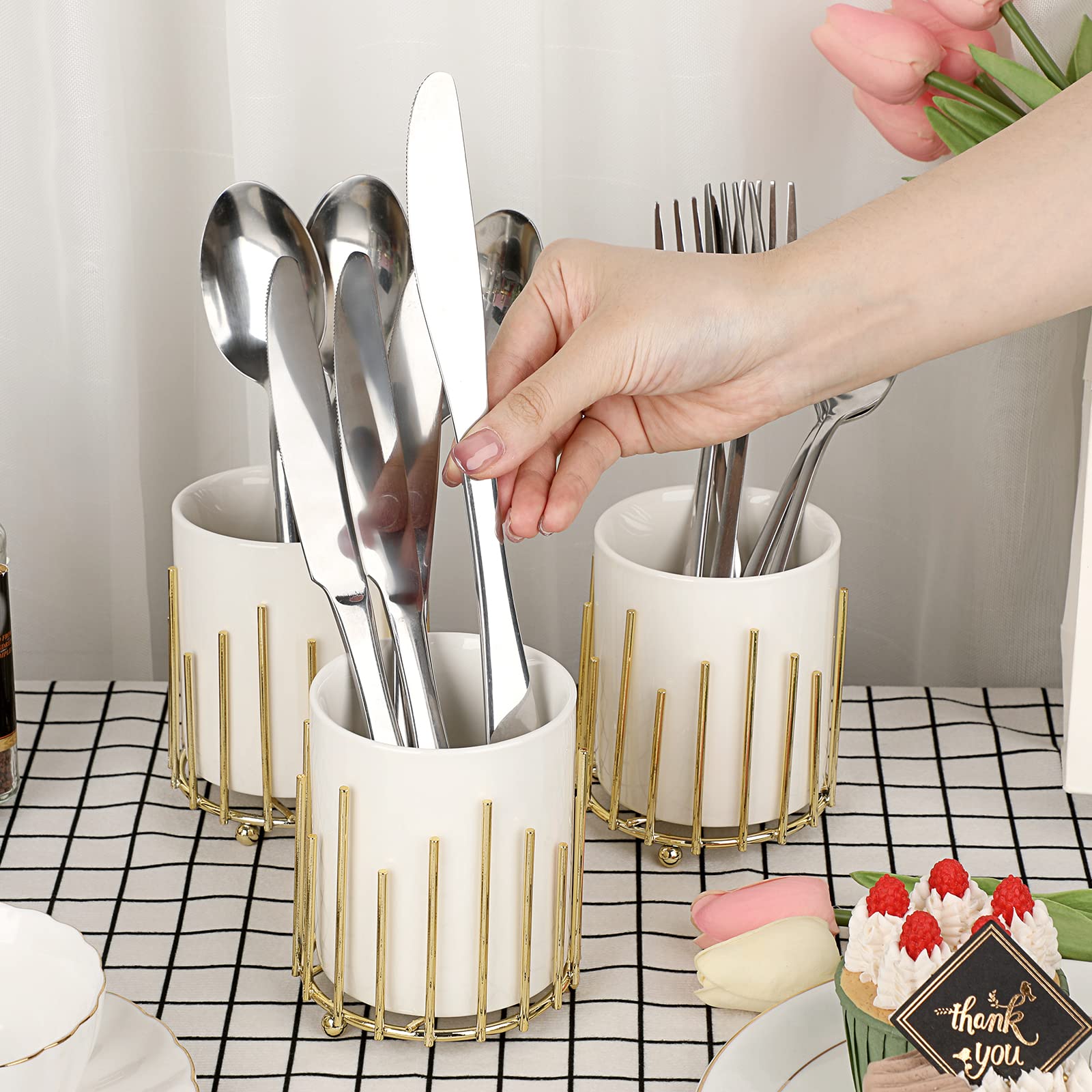 JUXYES Pack of 3 Ceramic Silverware Holder for Party, White Cutlery Holder Holder With Golden Metal Bracket, Small Flatware Caddy Organizer Utensil Holder for Kitchen Countertops Dining Tables