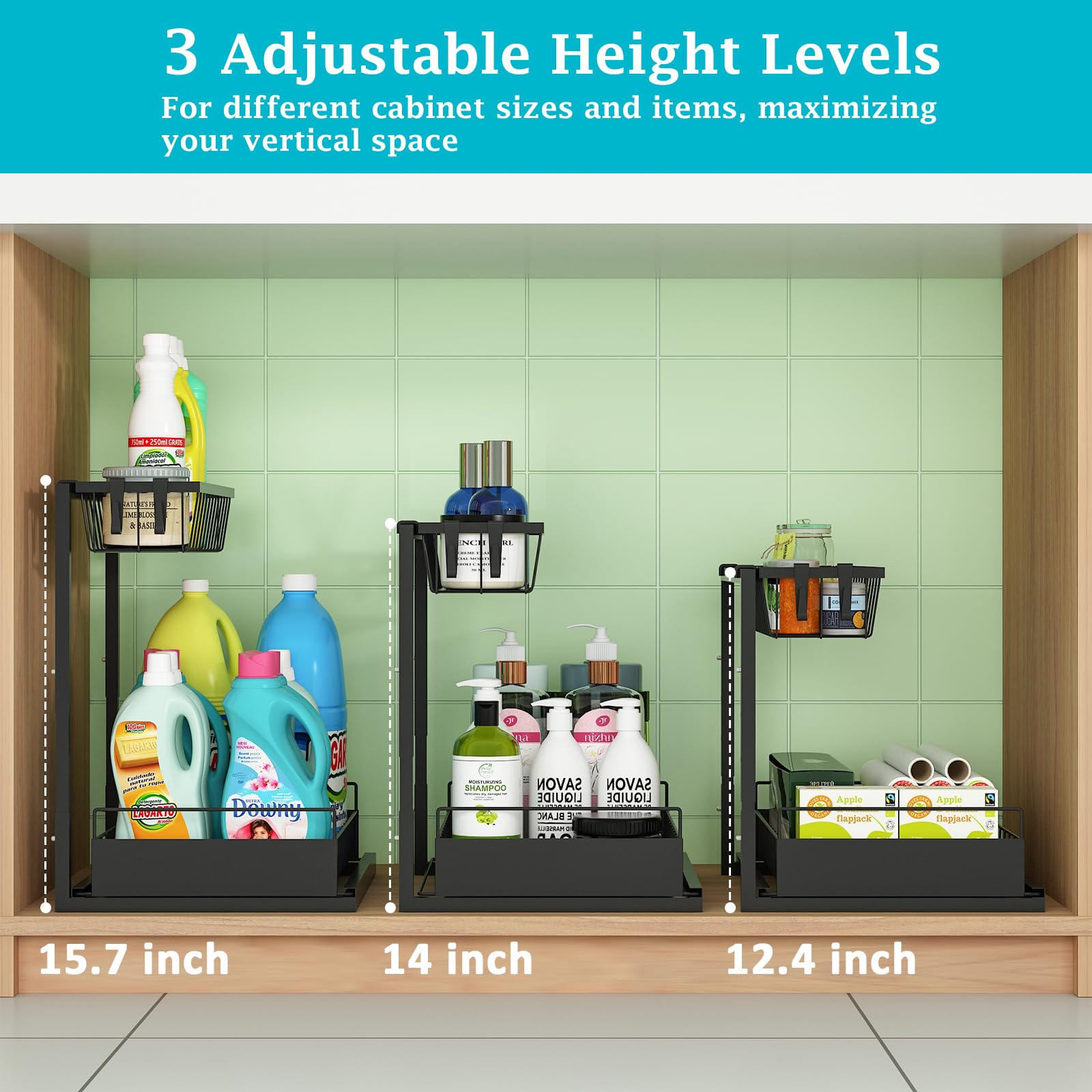 REALINN Under Sink Organizer, 2 Pack Height Adjustable Kitchen Organizers and Storage, 2 Tier Pull Out Sliding Cabinet Organizer, Multi-Use for Kitchen Bathroom Cabinet