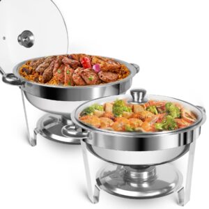 dervipas 2 pack 5qt chafing dish buffet set, stainless steel round chafers for catering with glass viewing lid & lid holder, buffet servers and warmers set for parties catering and dinners