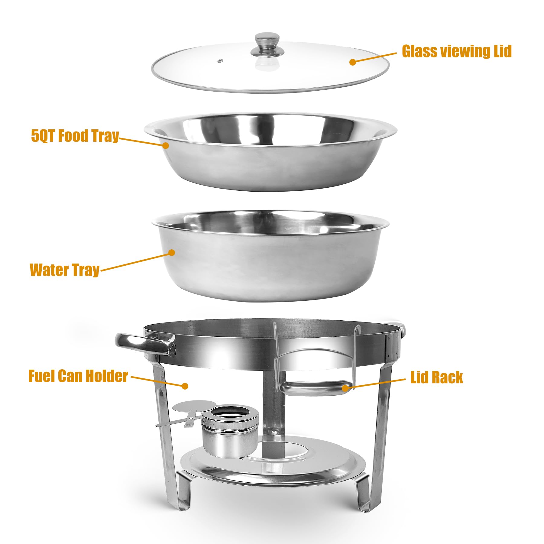 Dervipas 2 Pack 5QT Chafing Dish Buffet Set, Stainless Steel Round Chafers for Catering with Glass Viewing Lid & Lid Holder, Buffet Servers and Warmers Set for Parties Catering and Dinners