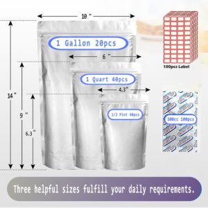 Mylar Bags for Food Storage with Oxygen Absorbers & Labels, Stand-Up, 3 Sizes, Heat Sealable & Resealable Food Storage Bags