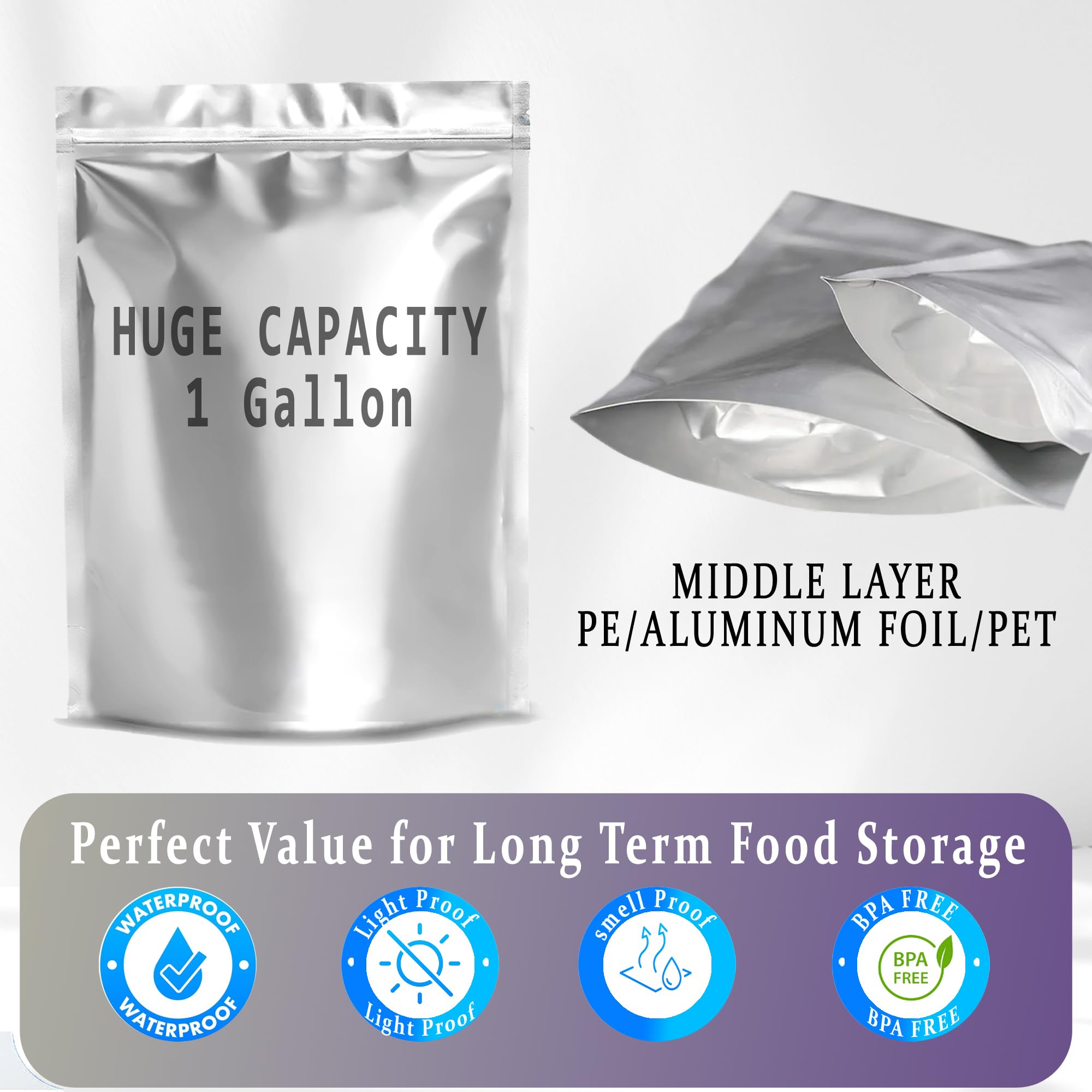 Mylar Bags for Food Storage with Oxygen Absorbers & Labels, Stand-Up, 3 Sizes, Heat Sealable & Resealable Food Storage Bags