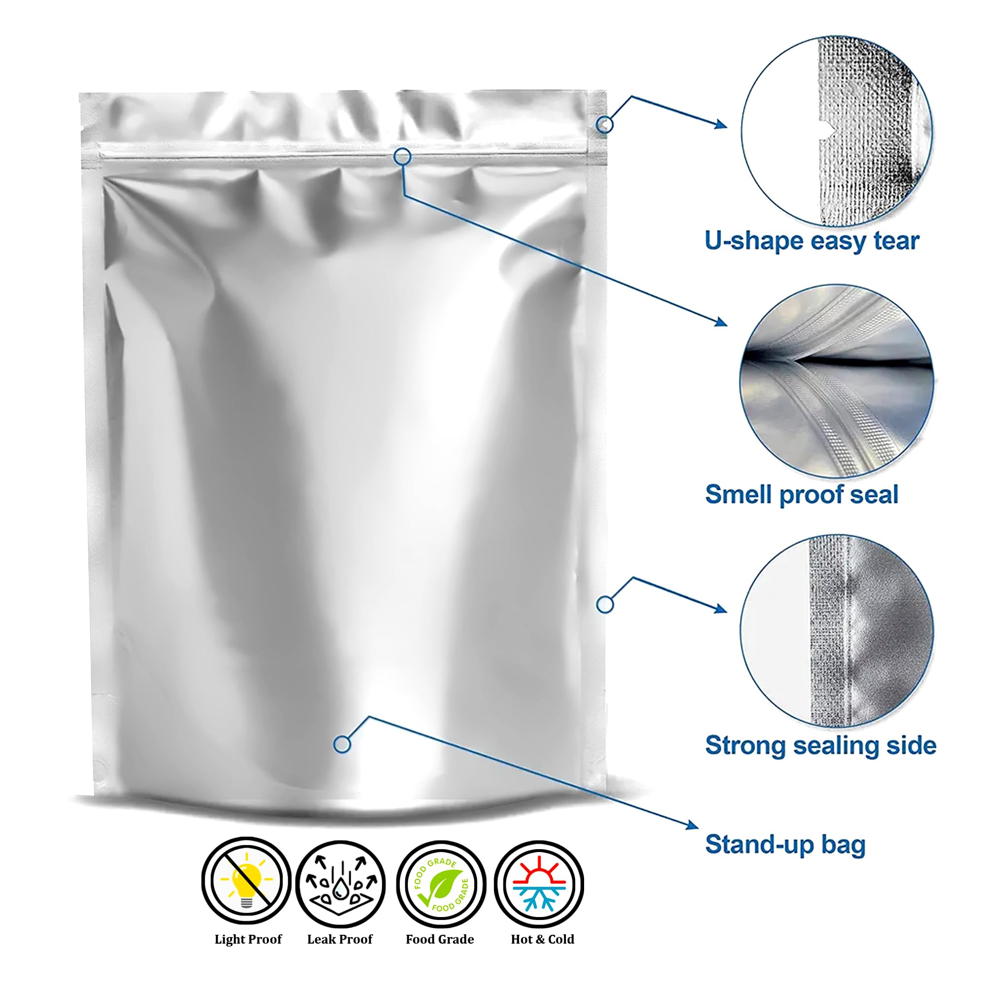 Mylar Bags for Food Storage with Oxygen Absorbers & Labels, Stand-Up, 3 Sizes, Heat Sealable & Resealable Food Storage Bags