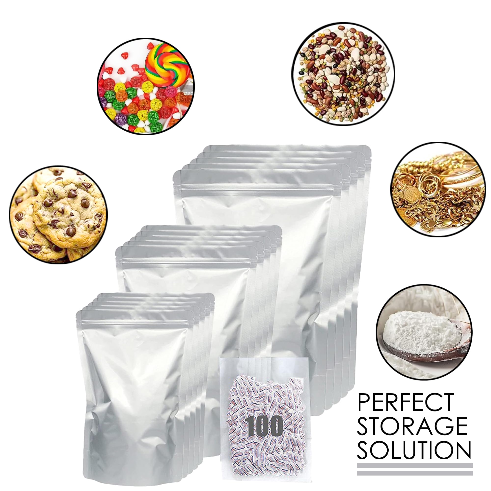 Mylar Bags for Food Storage with Oxygen Absorbers & Labels, Stand-Up, 3 Sizes, Heat Sealable & Resealable Food Storage Bags