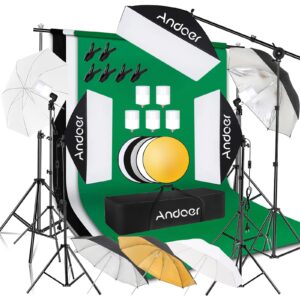 andoer professional softbox photography studio lighting kit with 3 color backdrops, 6.5*10ft backdrop stands, photography umbrellas for product photography portrait video shooting and live streaming