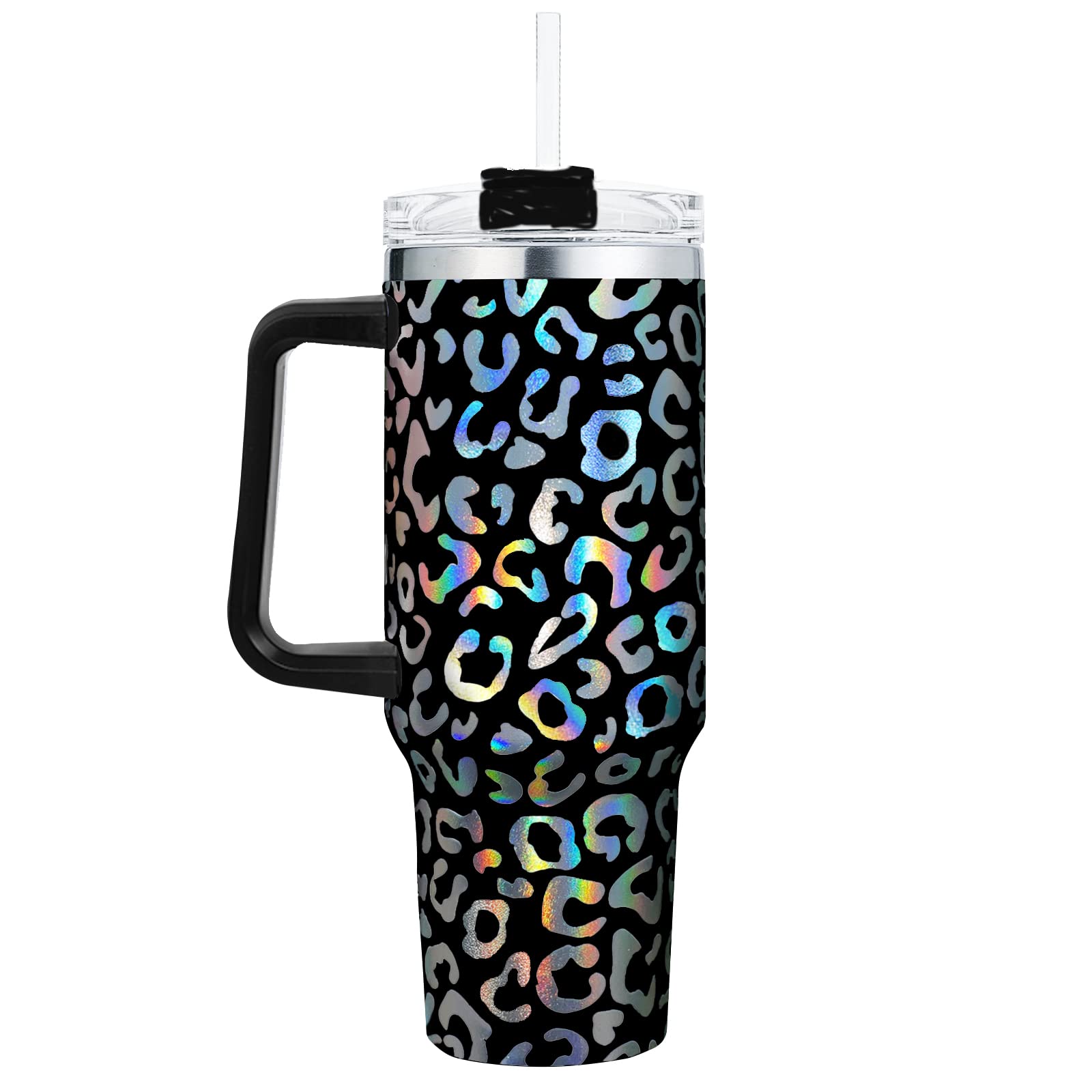 omezin 40 oz Tumbler with Handle Holographic Glitter Leopard 40oz Tumbler with Lid Straw Double Insulated Travel Coffee Mug