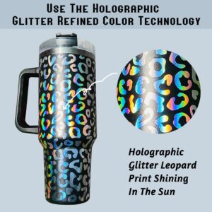 omezin 40 oz Tumbler with Handle Holographic Glitter Leopard 40oz Tumbler with Lid Straw Double Insulated Travel Coffee Mug