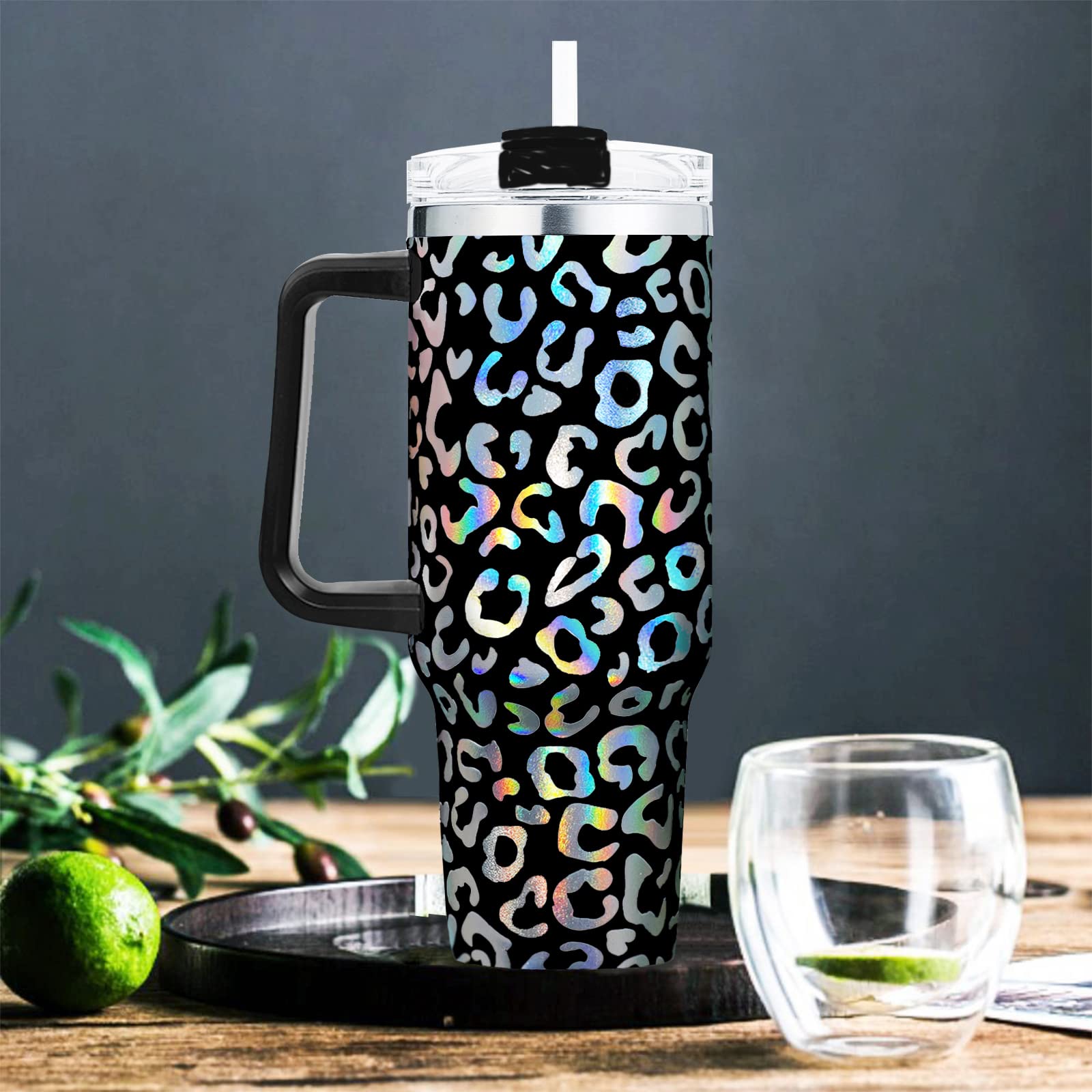 omezin 40 oz Tumbler with Handle Holographic Glitter Leopard 40oz Tumbler with Lid Straw Double Insulated Travel Coffee Mug