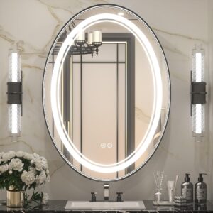 keonjinn 22 x 30 inch oval led mirror for bathroom with front lights black framed 3 color temperature wall mounted vanity mirror dimmable waterproof ip54