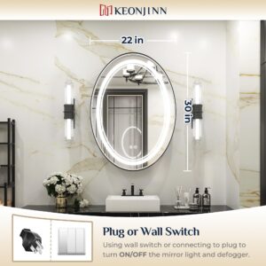 Keonjinn 22 x 30 Inch Oval LED Mirror for Bathroom with Front Lights Black Framed 3 Color Temperature Wall Mounted Vanity Mirror Dimmable Waterproof IP54