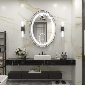 Keonjinn 22 x 30 Inch Oval LED Mirror for Bathroom with Front Lights Black Framed 3 Color Temperature Wall Mounted Vanity Mirror Dimmable Waterproof IP54