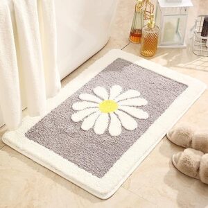 bathroom rugs cute daisy bath mat white and yellow flower decor rug non slip floor carpet microfiber bathmat super absorbent machine washable bahtub mats for shower, tub, bedroom 16"x 24"grey