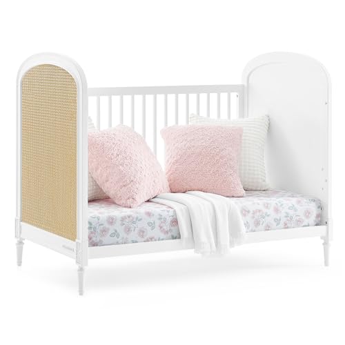 Delta Children Madeline 4-in-1 Convertible Crib - Woven Cane Mesh Panels, Includes Conversion Rails, Greenguard Gold Certified, Bianca White/Textured Almond