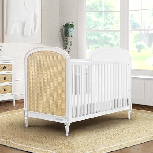 Delta Children Madeline 4-in-1 Convertible Crib - Woven Cane Mesh Panels, Includes Conversion Rails, Greenguard Gold Certified, Bianca White/Textured Almond