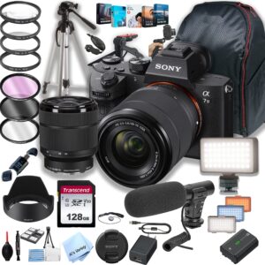 sony a7 iii mirrorless digital camera with 28-70mm lens + 128gb memory + led video light + microphone + back pack + steady grip pod + tripod + filters + software + more (36pc bundle)