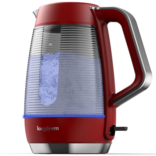 LONGDEEM Electric Tea Kettle Pot, Fast Boil, 1.7L/1500W, Borosilicate Glass Stainless Steel Inner Lid & Filter, Hot Water Boiler & Heater with Auto Shut Off, BPA-Free, Easy to Clean, Red