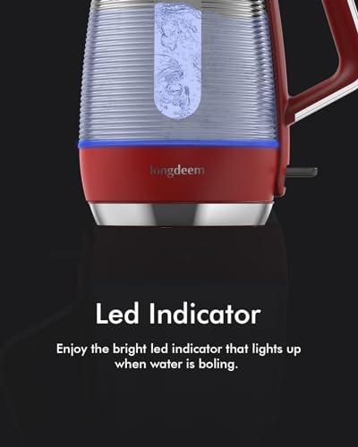 LONGDEEM Electric Tea Kettle Pot, Fast Boil, 1.7L/1500W, Borosilicate Glass Stainless Steel Inner Lid & Filter, Hot Water Boiler & Heater with Auto Shut Off, BPA-Free, Easy to Clean, Red