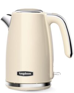longdeem electric kettle stainless steel 1.7l - 1500w quick boil, retro style, auto shut-off, boil dry protection with filter & water gauge - perfect for tea, hot water, cream