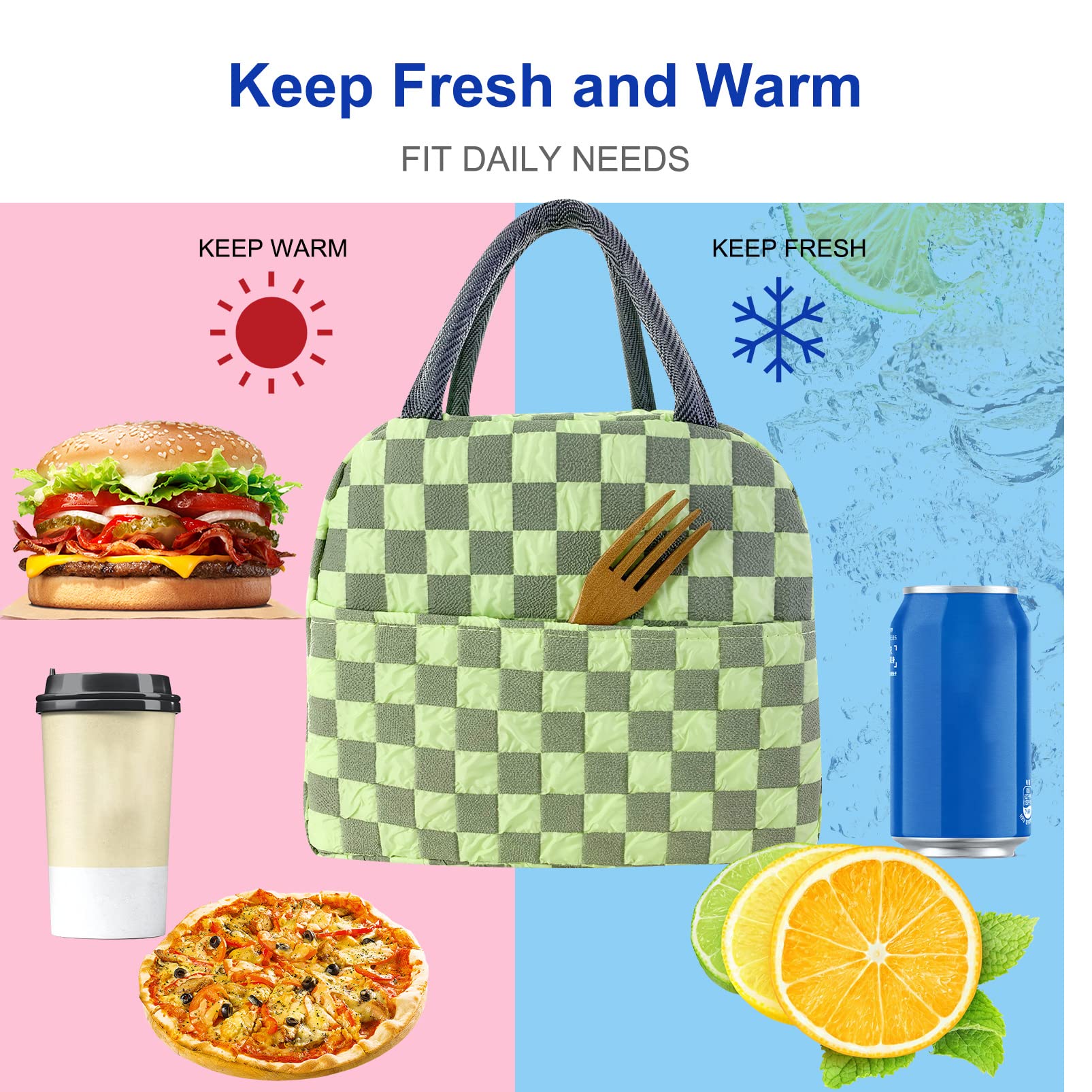 Mziart Cute Lunch Bag for Women Men, Aesthetic Lunch Bag Reusable Insulated Lunch Tote Bag Kawaii Lunch Box Container Waterproof Lunch Cooler Bag for Work Office Travel Picnic (Green)