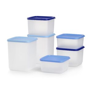 tupperware stacking square storage set - dishwasher safe & bpa free - (6 clear containers + 6 blue lids)