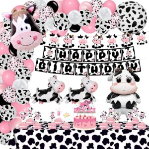 117pcs cow party decorations, cow print birthday decorations include pink cow balloon garland arch tablecloth banner toppers balloons for farm cow themed birthday party supplies for girl baby shower