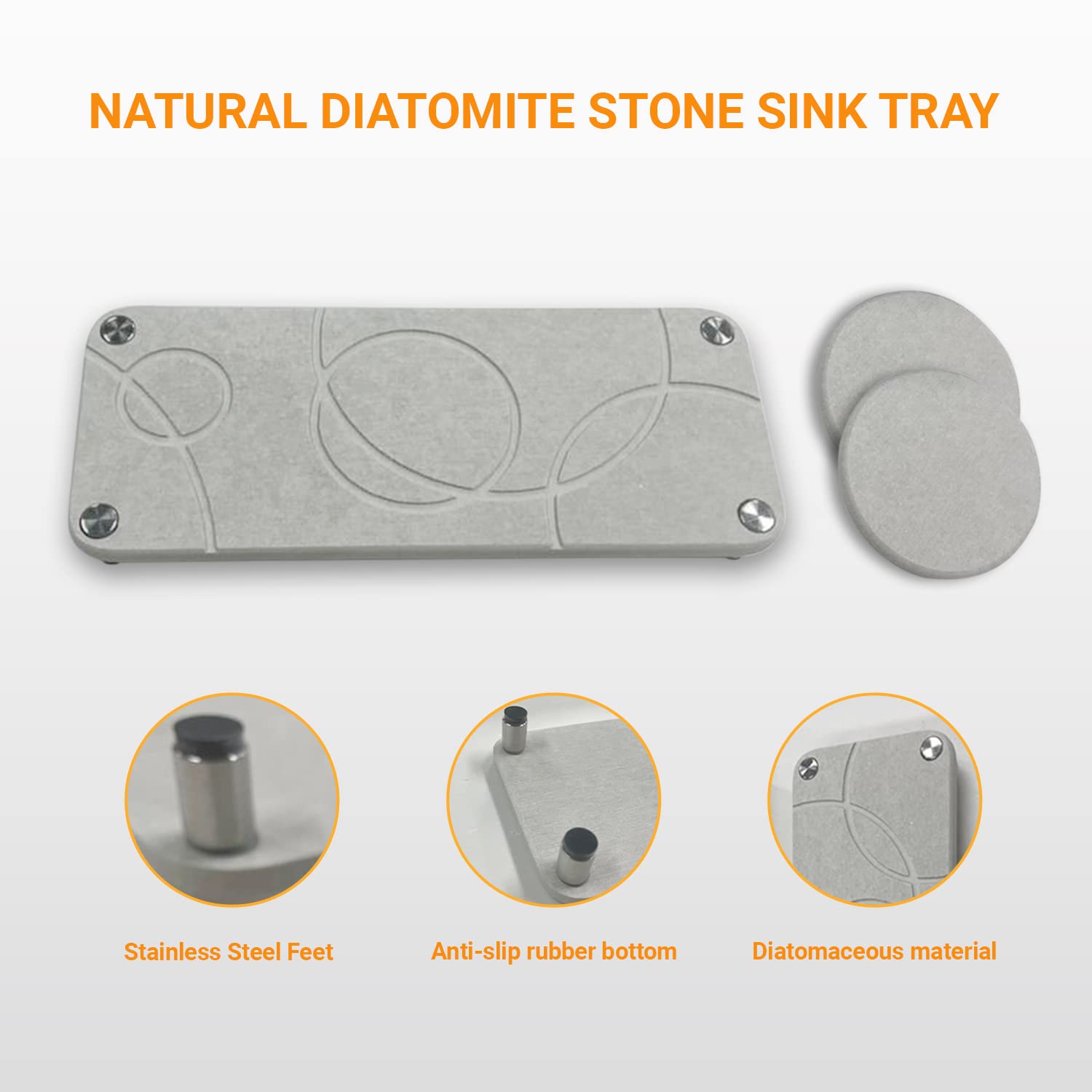 NESTLUXX 3pc Instant Dry Stone Sink Caddy Set - Diatomaceous Earth Material Tray and 2 Coasters, Instant Dry Kitchen Sponge Soap Holder, Water Absorbing, Modern Minimalist Design