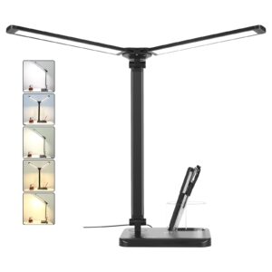 Woputne Desk Lamp, Dual Head Desk Light, 5 Lighting Colors & 10 Brightness Reading Light, LED Desk Lamp for Home Office, Table Lamp for Bedroom Desktop, Study, Craft, Black