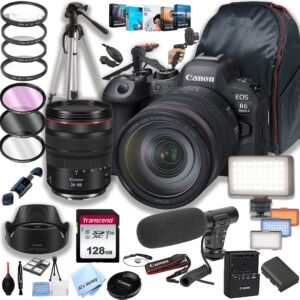 canon eos r6 mark ii mirrorless digital camera with rf 24-105mm f/4l is usm lens + 128gb memory + led video light + microphone + back pack + steady grip pod + tripod + filters + software + more