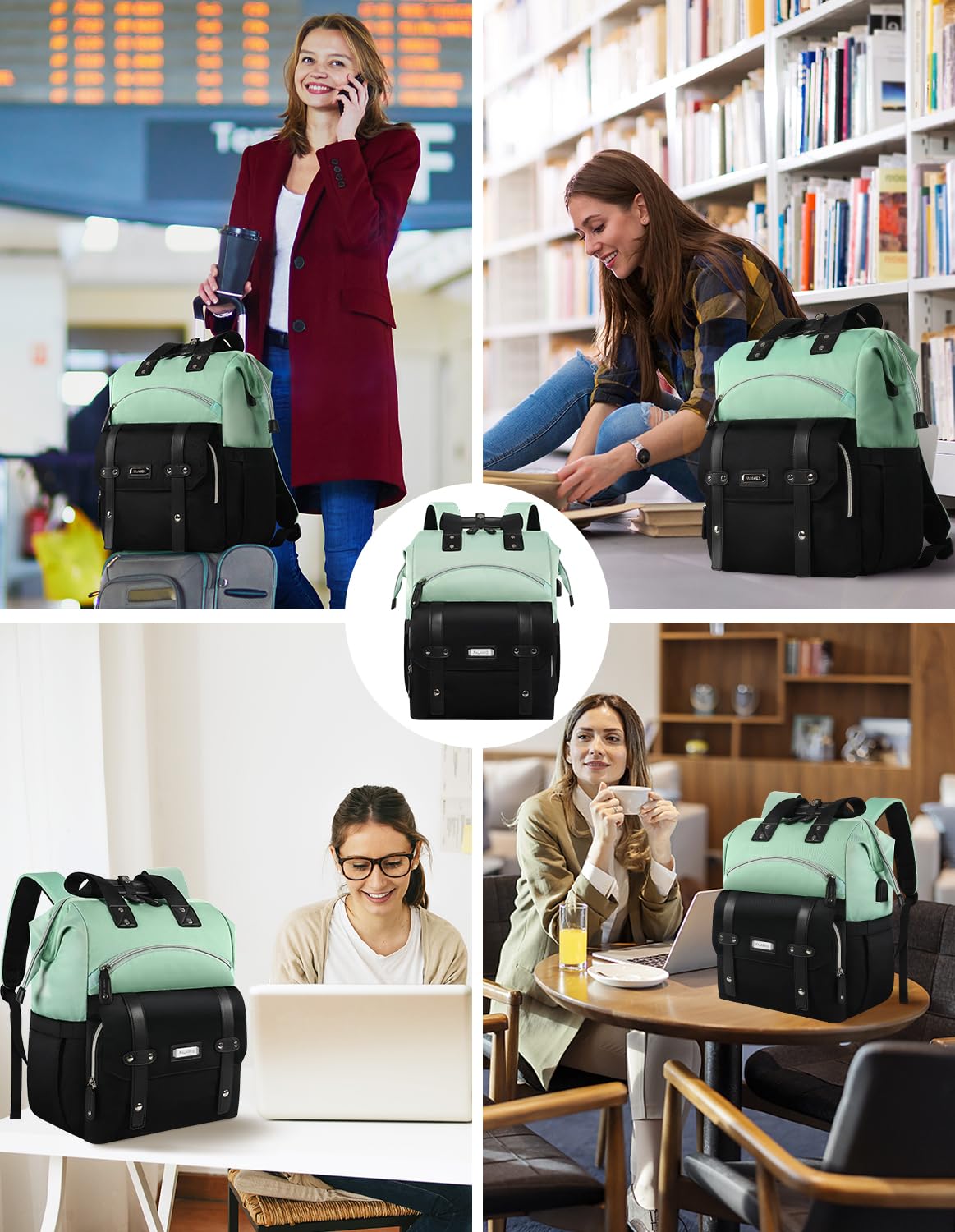 FALANKO Laptop Backpack for Women, Work Doctor Teacher Nurse Wide Open College School Student 15.6 Inch Laptops Bookbag Purse with USB Charging Port,Computer Bag for Men Women Girls Green-Black