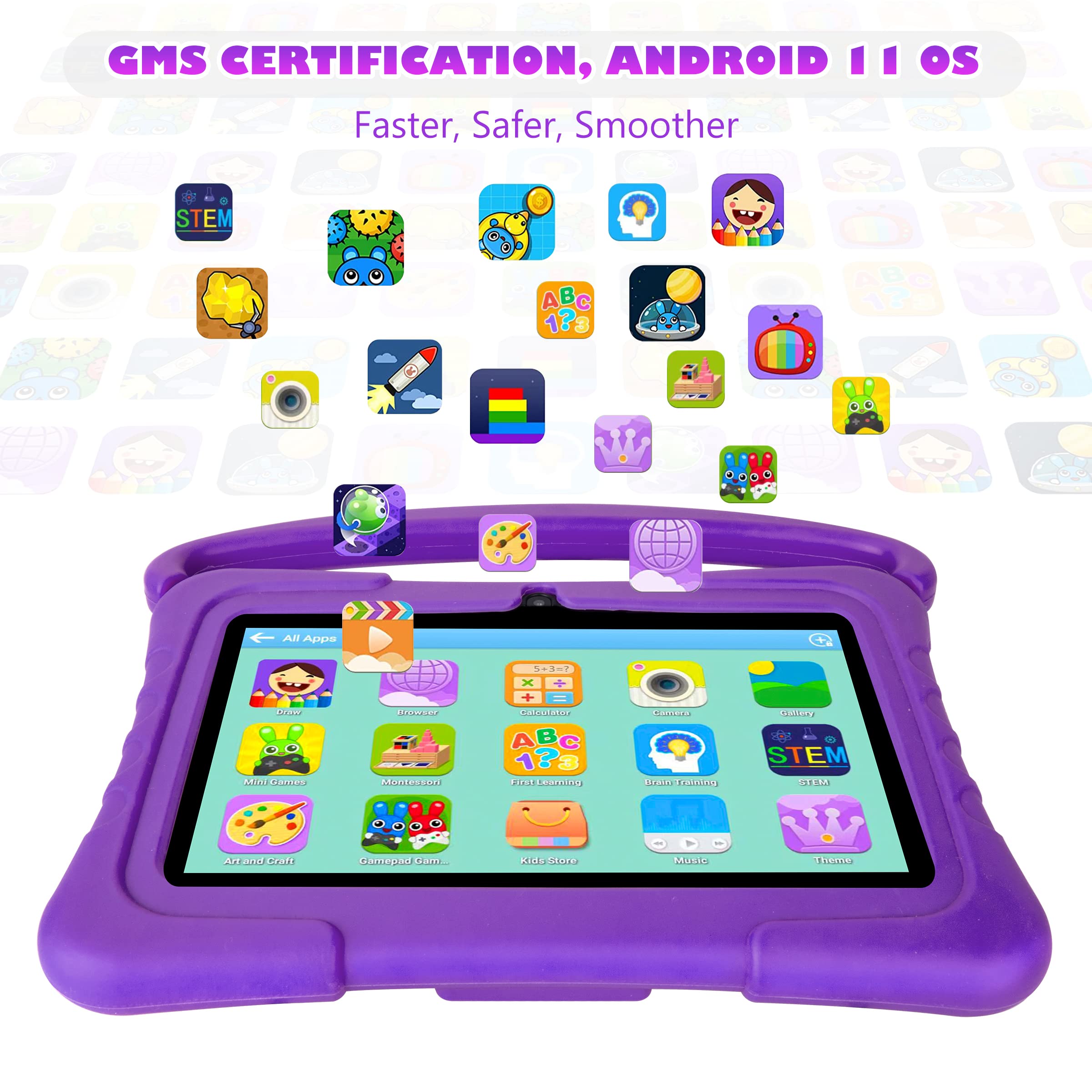 ATMPC Tablet for Kids, Kids Tablet, 7 Inch Kids Tablets 32GB ROM 3GB RAM Android11 Tablet for Kids with 2.4G WiFi, GMS, Eye Protection, Educational, Parental Control, Tablet with Silicone Case Purple