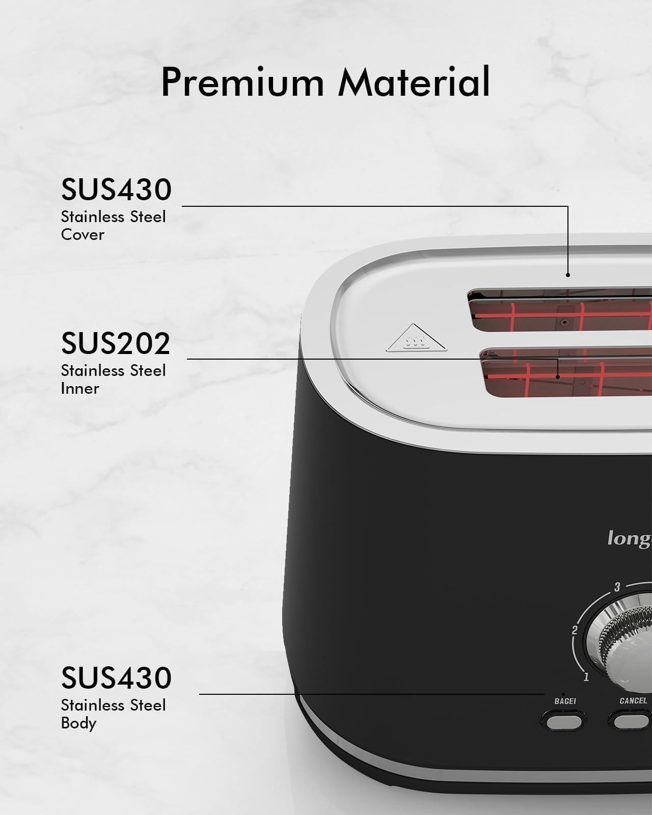 LONGDEEM Compact 2-Slice Toaster with 6-Level Precision Browning, 1.6 Wide Slots, Stainless Steel, Easy-Clean Crumb Tray, and Integrated Cord Storage, Black