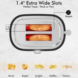 LONGDEEM Compact 2-Slice Toaster with 6-Level Precision Browning, 1.6 Wide Slots, Stainless Steel, Easy-Clean Crumb Tray, and Integrated Cord Storage, Black