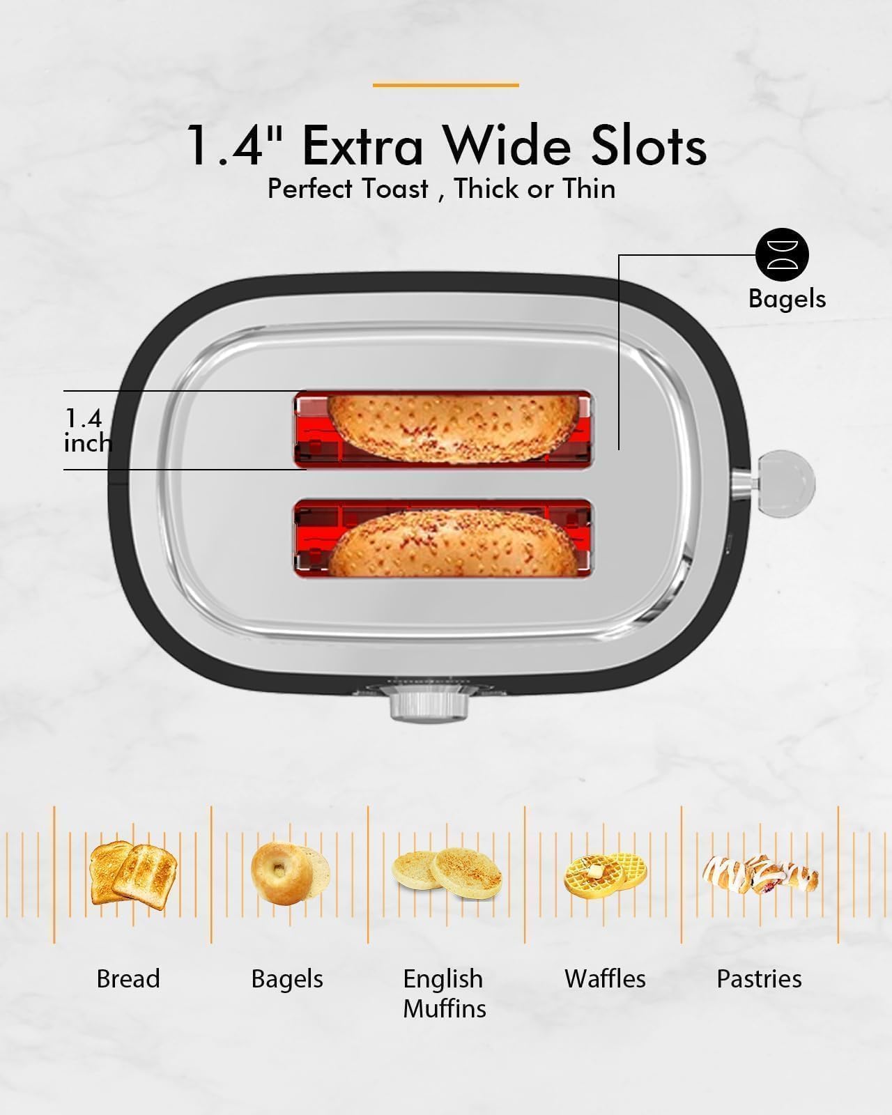 LONGDEEM Compact 2-Slice Toaster with 6-Level Precision Browning, 1.6 Wide Slots, Stainless Steel, Easy-Clean Crumb Tray, and Integrated Cord Storage, Black