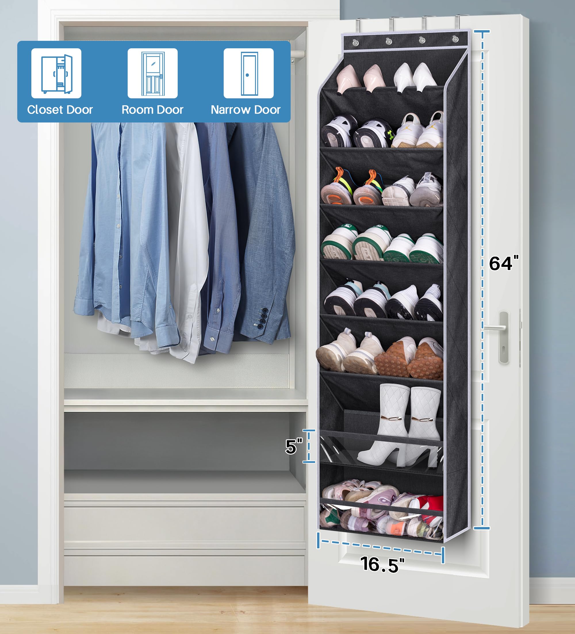 KEETDY Over the Door Shoe Rack for Door Fit 20 Pairs Sneakers Large Hanging Shoe Organizer for Closet Door Storage Boots, Black