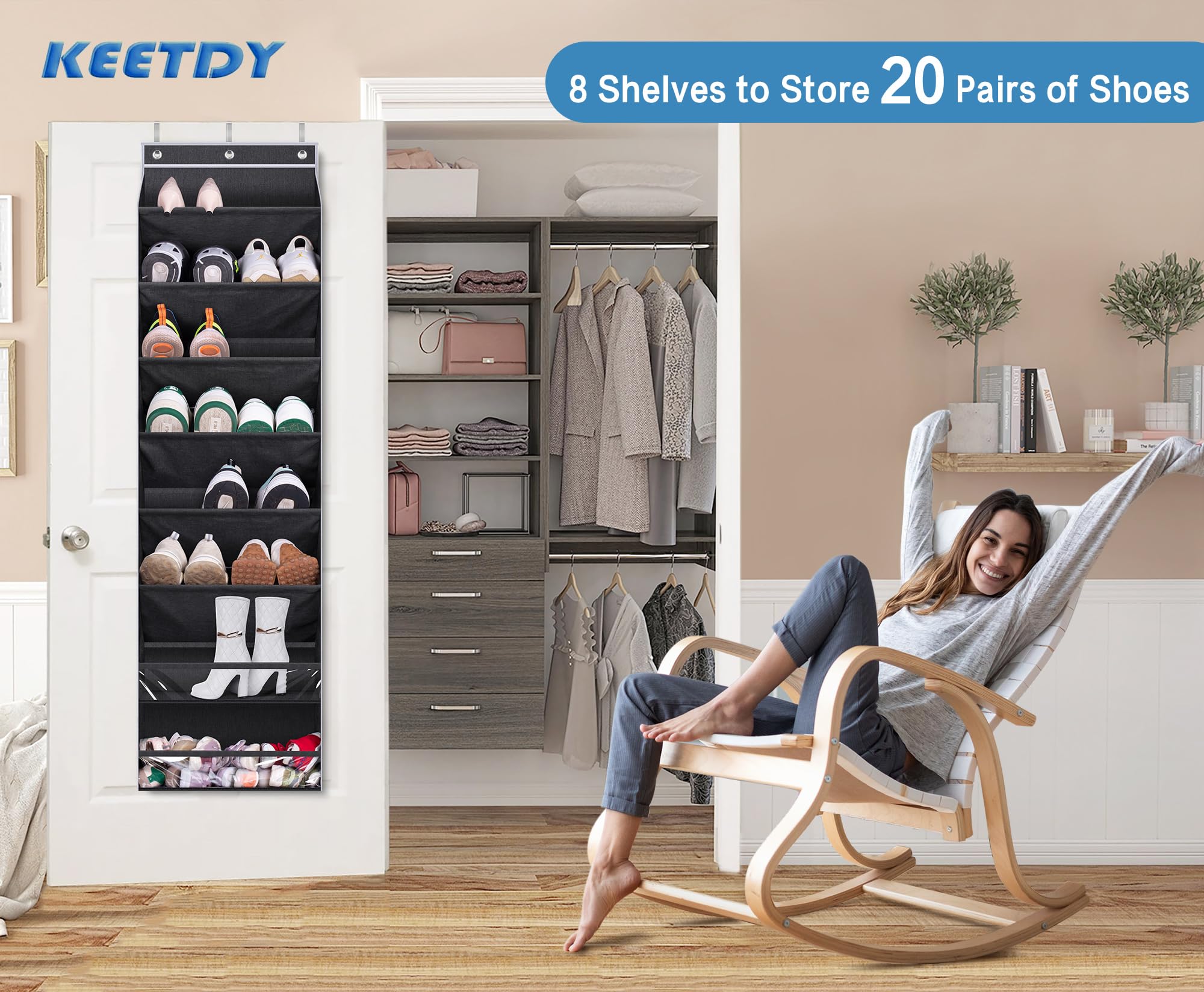 KEETDY Over the Door Shoe Rack for Door Fit 20 Pairs Sneakers Large Hanging Shoe Organizer for Closet Door Storage Boots, Black