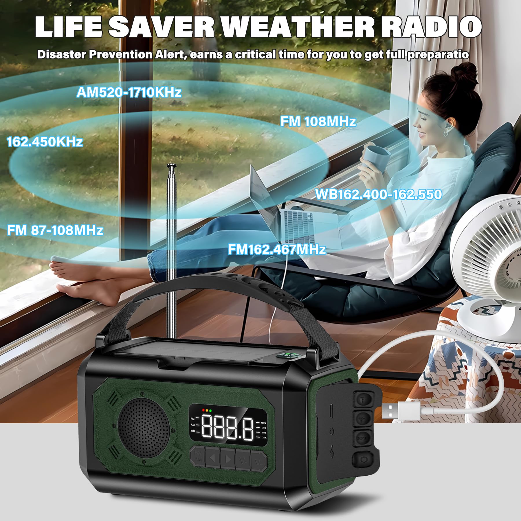 12000mAh Emergency Weather Radio, Hand Crank Radio Solar Radio Portable AM/FM/NOAA Radio with 2 Solar Panels 3 Charging Methods SOS Alarm 3 Mode Flashlight Phone Charger Compass Reading Lamp(Green)