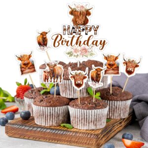 tanlade 25 pcs highland cow cake topper and highland cow cupcake topper, highland cow birthday decorations highland cattle cake decorations for farm animal zoo boy girl birthday party decor