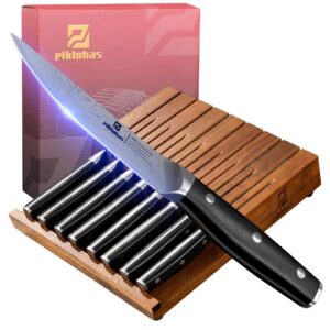 piklohas steak knives set of 8 with drawer organizer, 4.5 inch non serrated dinner knife, forged german steel damascus pattern straight edge meat knife with full tang handle, dishwasher safe, black