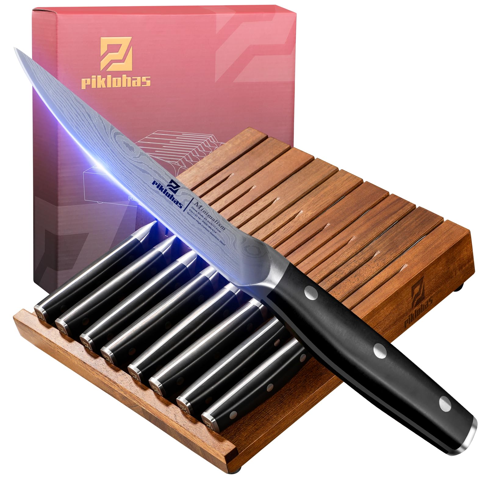 Piklohas Steak Knives Set of 8 with Drawer Organizer, 4.5 Inch Non Serrated Dinner Knife, Forged German Steel Damascus Pattern Straight Edge Meat Knife with Full Tang Handle, Dishwasher Safe, Black