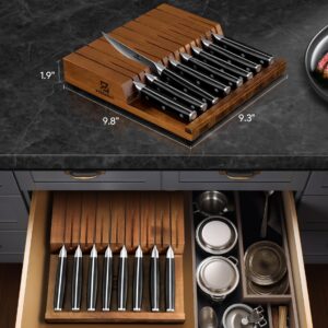 Piklohas Steak Knives Set of 8 with Drawer Organizer, 4.5 Inch Non Serrated Dinner Knife, Forged German Steel Damascus Pattern Straight Edge Meat Knife with Full Tang Handle, Dishwasher Safe, Black