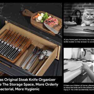 Piklohas Steak Knives Set of 8 with Drawer Organizer, 4.5 Inch Non Serrated Dinner Knife, Forged German Steel Damascus Pattern Straight Edge Meat Knife with Full Tang Handle, Dishwasher Safe, Black