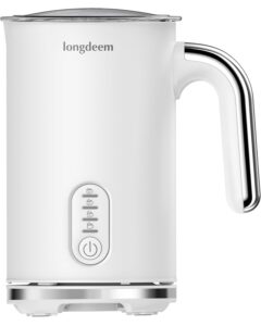longdeem milk frother, 4-in-1 electric milk foamer with cold & hot froth for latte cappuccino - automatic coffee foam maker, stainless steel, 10 oz/5 oz, non-stick coating with auto shut-off, white