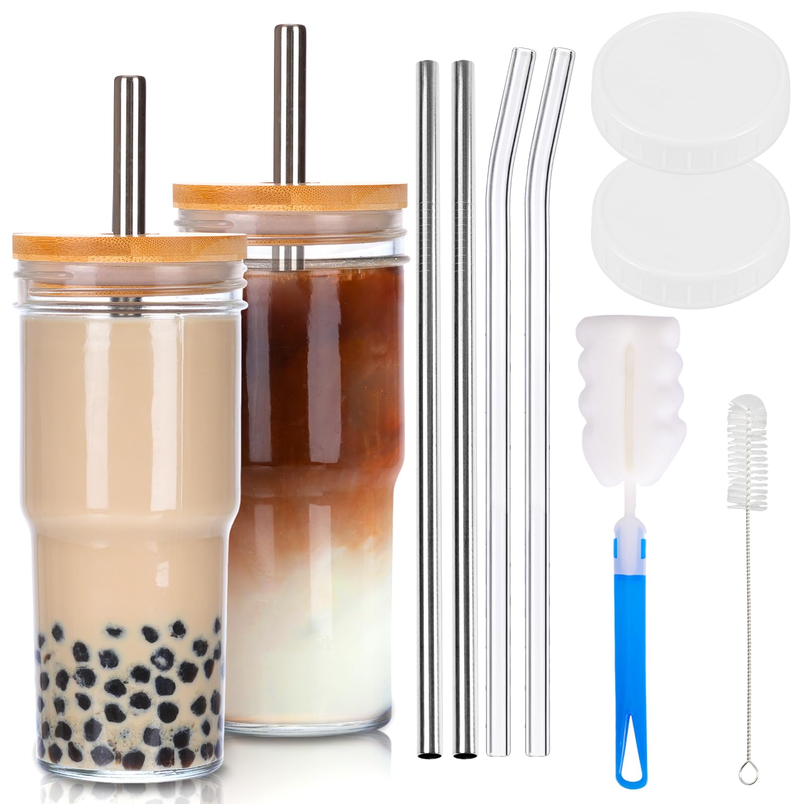 Moretoes 2pcs 24oz Glass Cups with Lids and Straws, Glass Iced Coffee Cups Cute Travel Tumbler Cup, Drinking Jars Set Reusable Boba Bottle for Jumbo Smoothie, Cold Brew, Soda, Juice