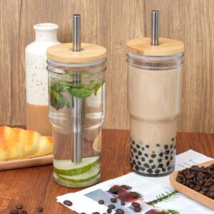 Moretoes 2pcs 24oz Glass Cups with Lids and Straws, Glass Iced Coffee Cups Cute Travel Tumbler Cup, Drinking Jars Set Reusable Boba Bottle for Jumbo Smoothie, Cold Brew, Soda, Juice